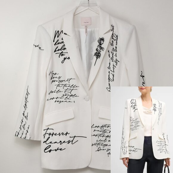 Cinq a Sept Cheyenne Blazer Embroidered Script Mon Amour Black Ivory Size 10 - Picture 1 of 10